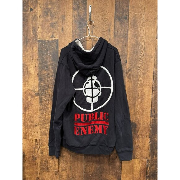 Men's Black White Vintage Y2K Obey X Public Enemy Embroidered Wool Lined Hoodie - Picture 2 of 5